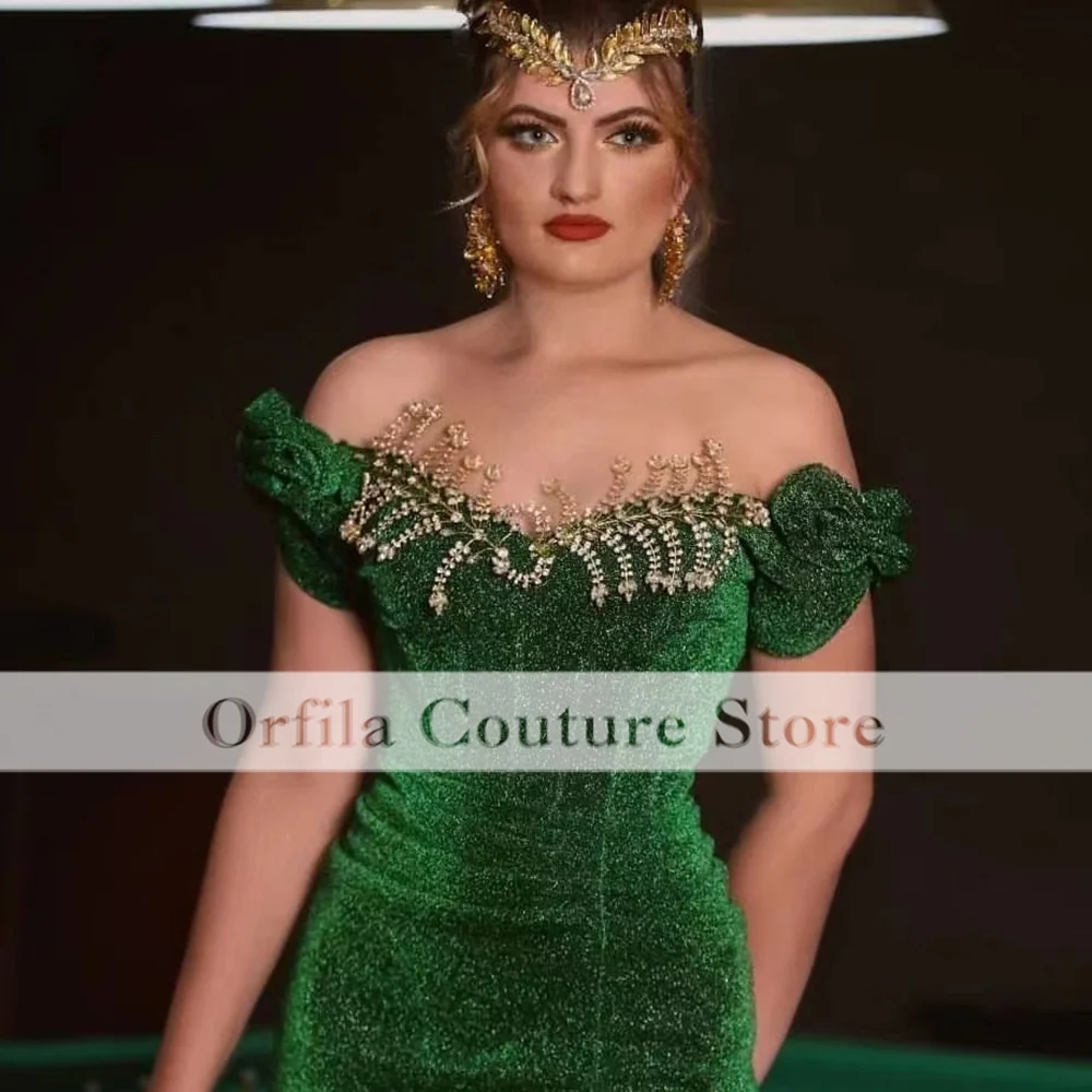 Robe de soirée de forme sirène, vert foncé, épaules dénudées, paillettes, tenue de fête élégante, 2022