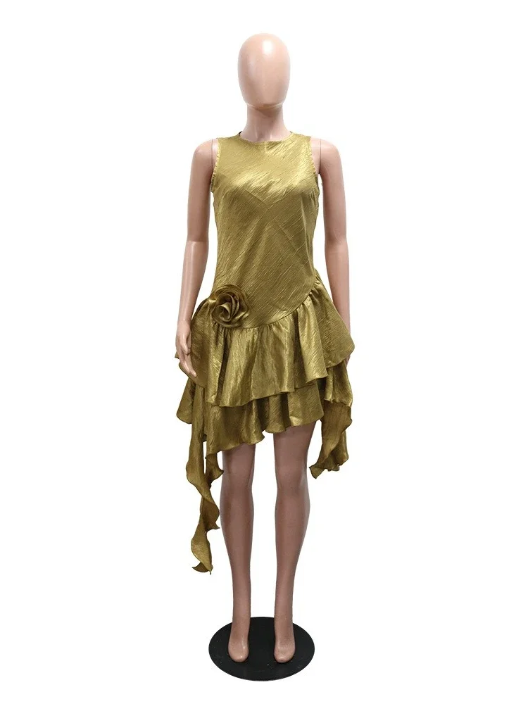 فساتين سادة بدون أكمام ورقبة دائرية للنساء أنيقة Dashiki طيات متدرجة ثلاثية الأبعاد فستان قصير للسيدات ملابس أفريقيا التقليدية