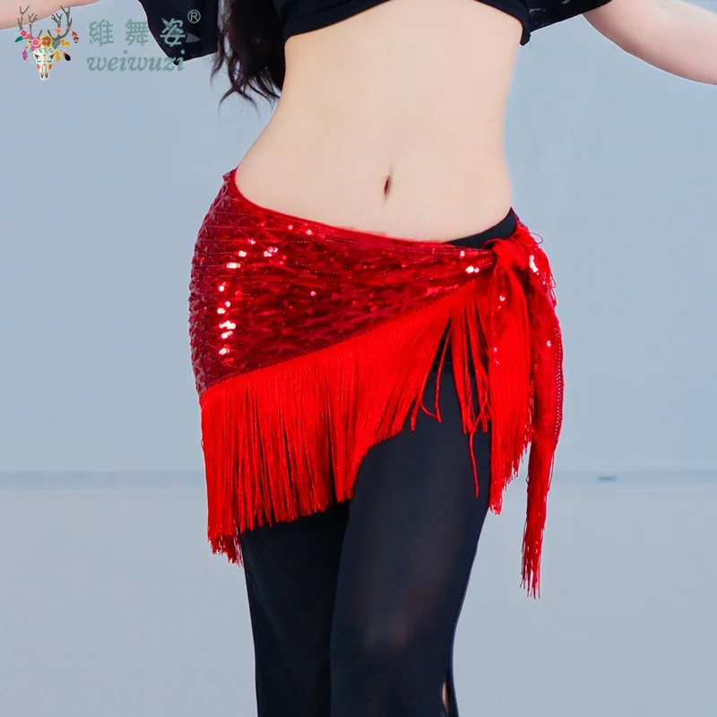 Belly Dance Training Hip Scarf Tassel Sequins Triangle Skirt Practice Clothes Female Adult Elegant Belt Performance Accessories