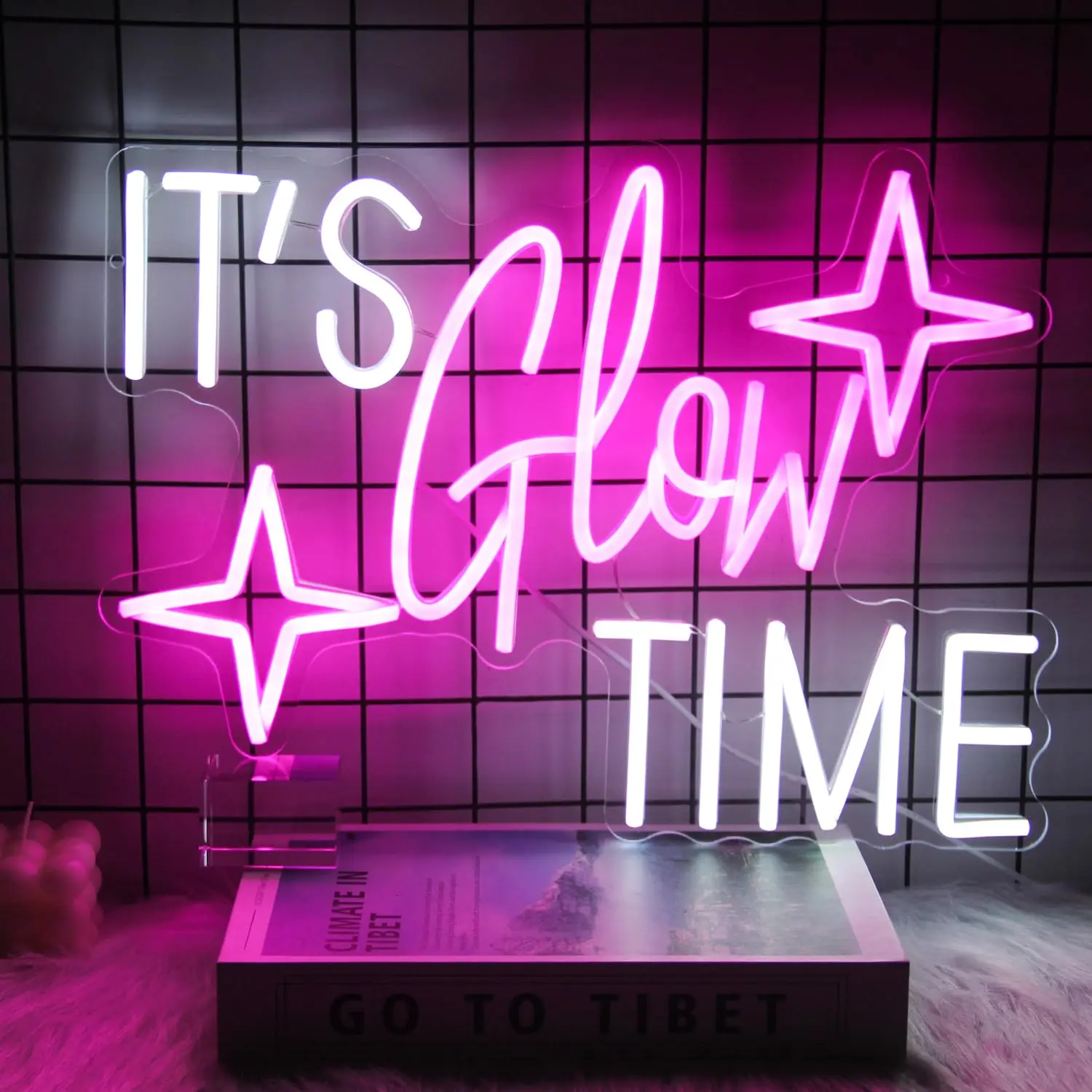 It's Glow Time Neon Sign Pink White Letter LED Light for Party Decorations | Dimmable Words Neon Lights for Bedroom, Bar Decor