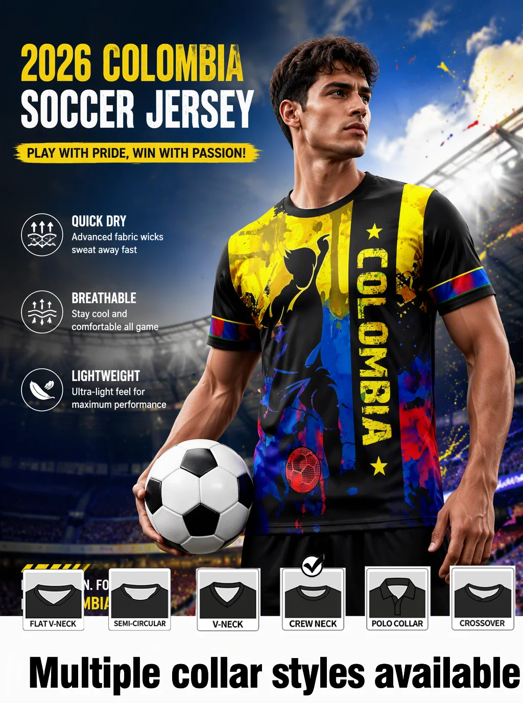 camisa-de-futebol-com-tema-da-colombia-design-com-cores-contrastantes-emblema-de-estrela-de-futebol-tecido-que-absorve-a-umidade-corte-atletico