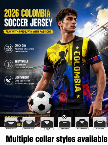 Colombia themed football jersey,color‑splashed spliced design,star soccer badge,moisture‑wicking fabric,athletic fit