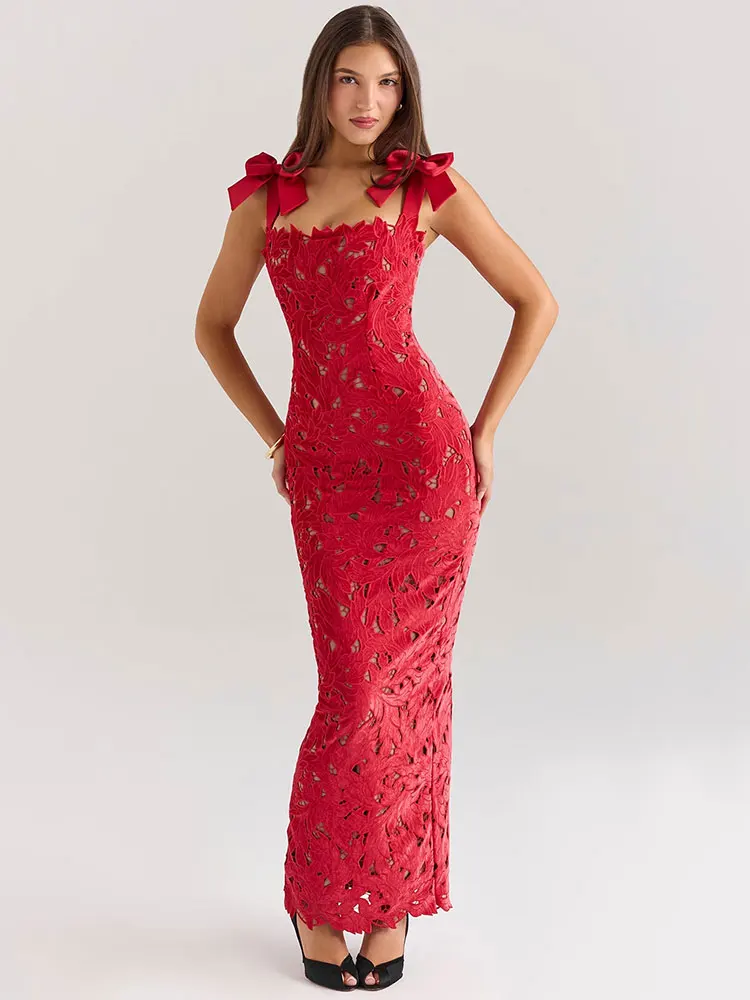 GACVGA Bows Lace Sexy Maxi Dress For Women Fashion Sleeveless Backless Bodycon New Year\'s Birthday Club Party Long Dress