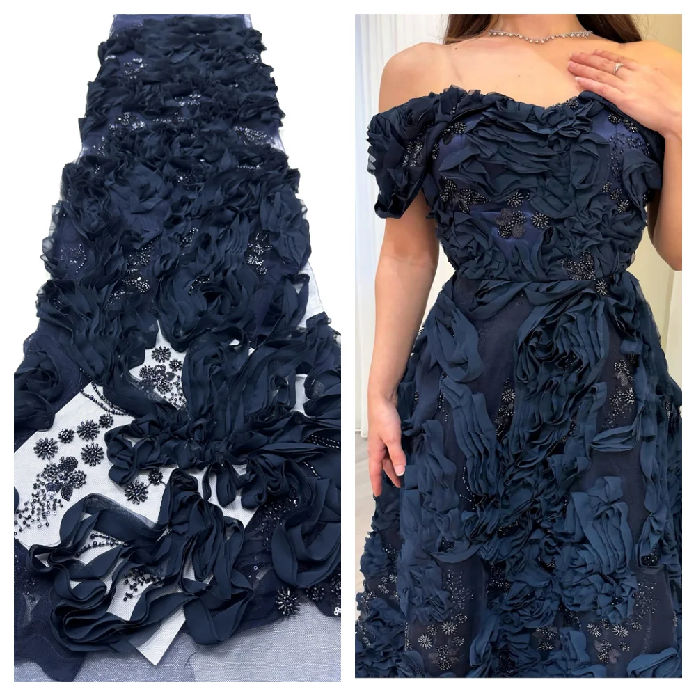 

2026 Luxury 3D Flower Embroidery Lace Fabric African Sequin Beaded Lace Fabric for Bridal Wedding Dress Sewing