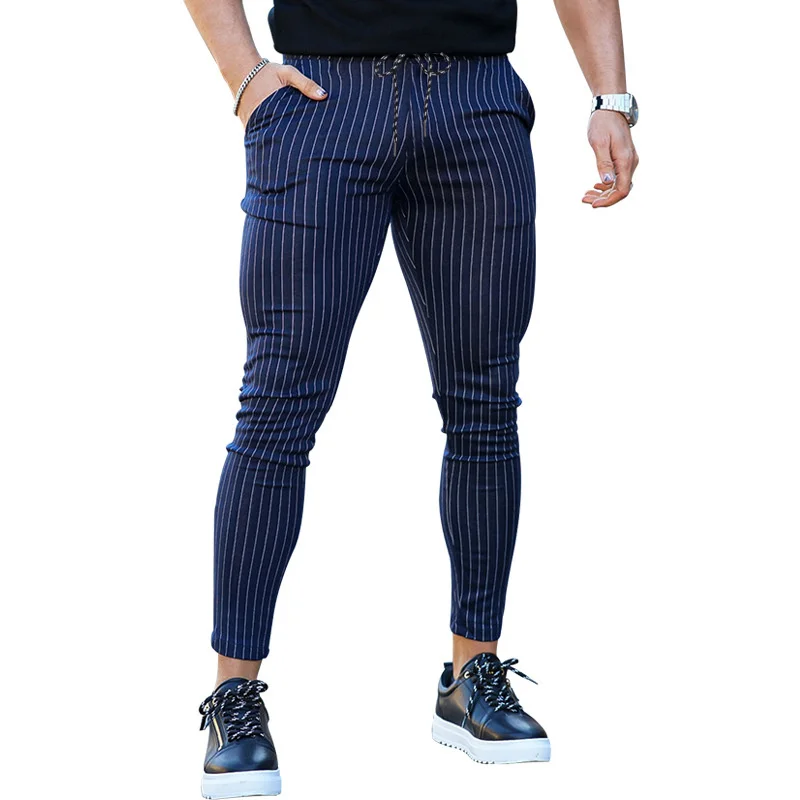 Pantalones pitillo ajustados de cintura alta para hombre, pantalones a rayas informales, ropa de calle de moda, nueva tendencia, cuatro estaciones