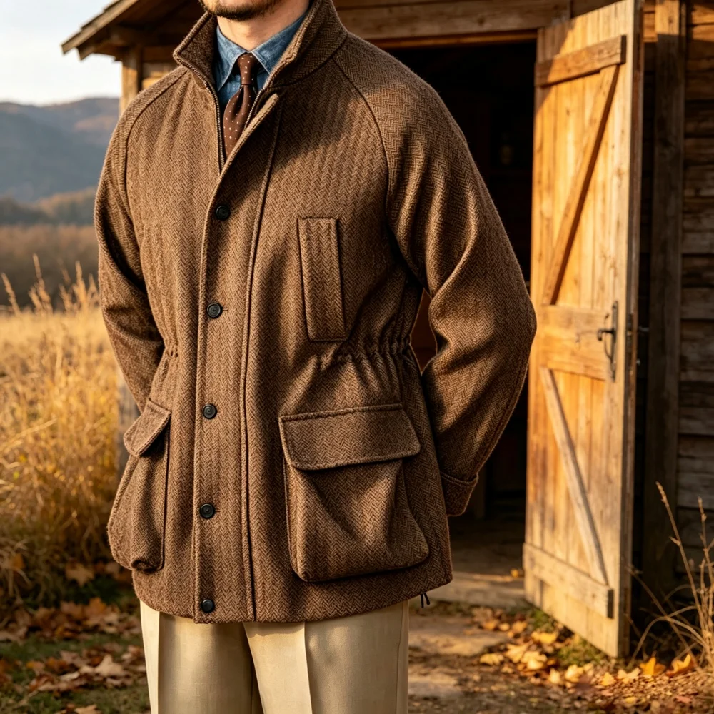 Men's Jacket Vintage Men Herringbone Tweed Stand Collar Drawstring Waist Safari Field Coat Male Casual Business Outerwear