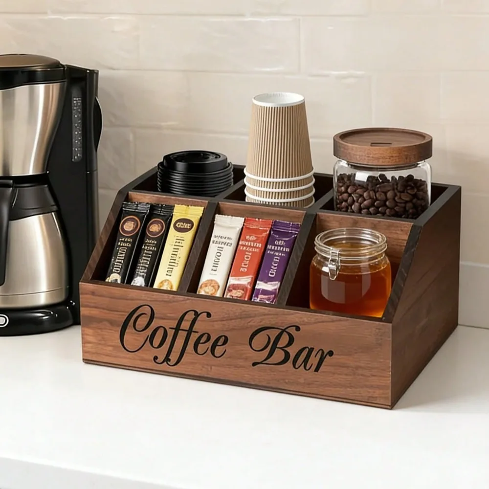 Wood Coffee Bar Organizer Multi Compartment Wooden Coffee Pod Storage Box for Coffee Capsule Paper Cup Spoon Syrup Coffee Shelf