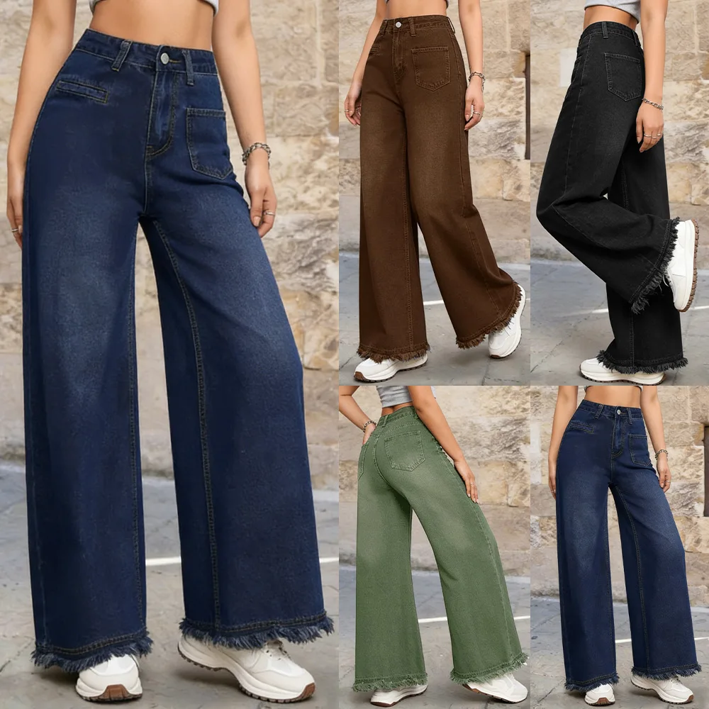 Denim Pant Women Jeans Vintage Floor Length Pants High Waist Straight Trousers Y2k Streetwear Elegant Splice Work Casual Loose
