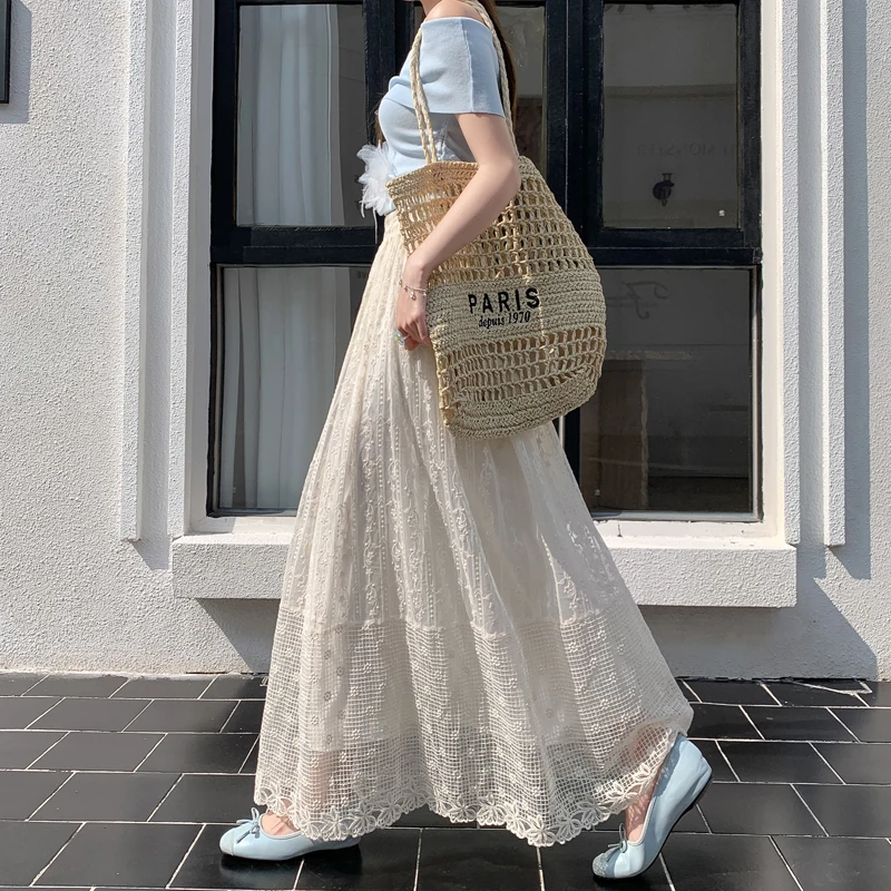 

Heavy Embroidery Lace Netting Pleated Skirt High Waist Slimming Drapey A-Line Umbrella Long Skirts for Women Retro Style