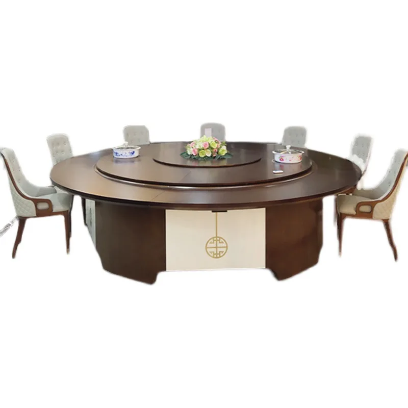 !@Large Round Wooden Automatic Revolving Dining 12 Seater Big Space Dinner Party Table Remote Control Walnut Sintered Stone Tabl