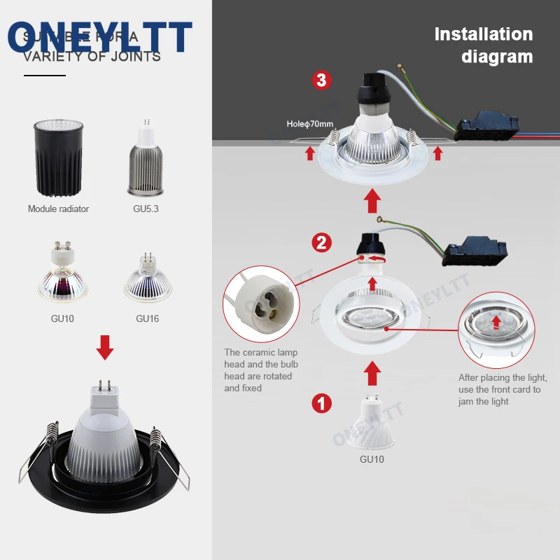 Biało-czarna punktowe reflektory LED ramka z regulowanym Downlight led HoldersCutout 70mm dla wpuszczane oświetlenie punktowe LED uchwyt żarówki