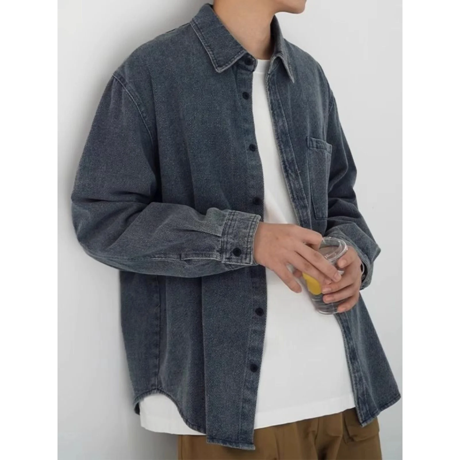 

Мужская джинсовая одежда свободного покроя с длинным воротником све, осенне-зимняя модная верхняя одежда, повседневная уличная одежда из полиэстера