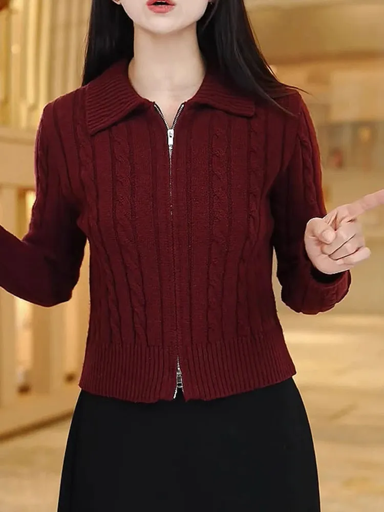 

Double Zipper Color Knitted Open Cardigan Casual Slimming Long Sve Leisurely Sle Women's Camere Sweater