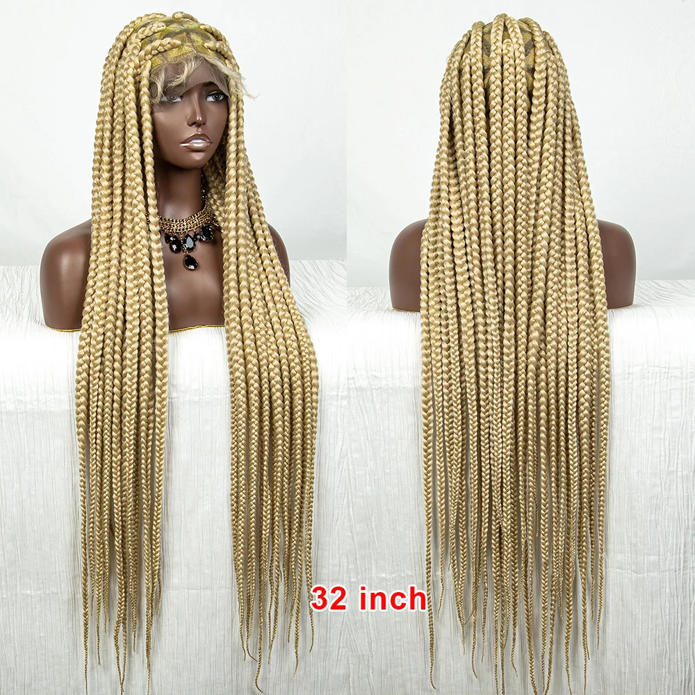 Perruque Lace Front Wig tressée sans nœuds pour femmes noires, cheveux synthétiques, blond 613, carré, boîte complète