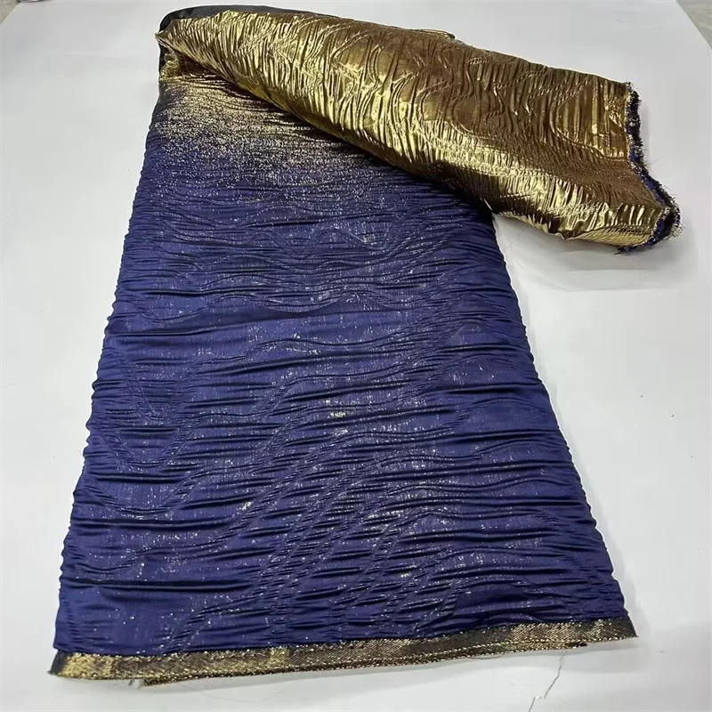 

French African Brocade Lace Fabrics 2025 Blue/Gold High Quality Nigerian Jacquard Damask Lace For Sewing Women Party Dresses