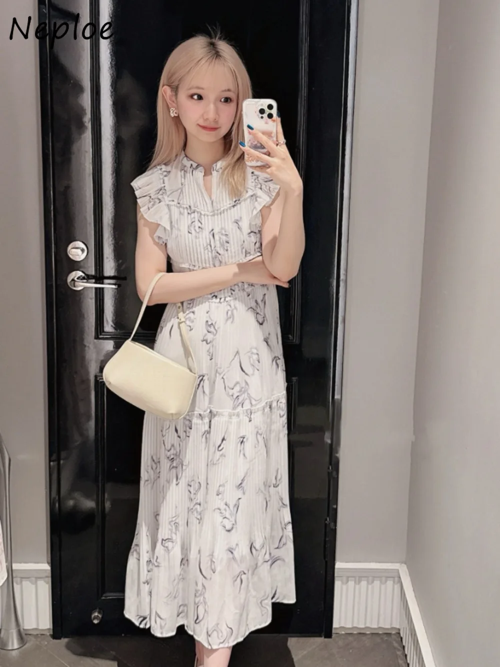 Neploe Sweet O Neck Flying Sleeve Lace Up Robe Elegant Ruffles Pleated Slim Waist Vestidos Japan New Fresh Casual Print Dress