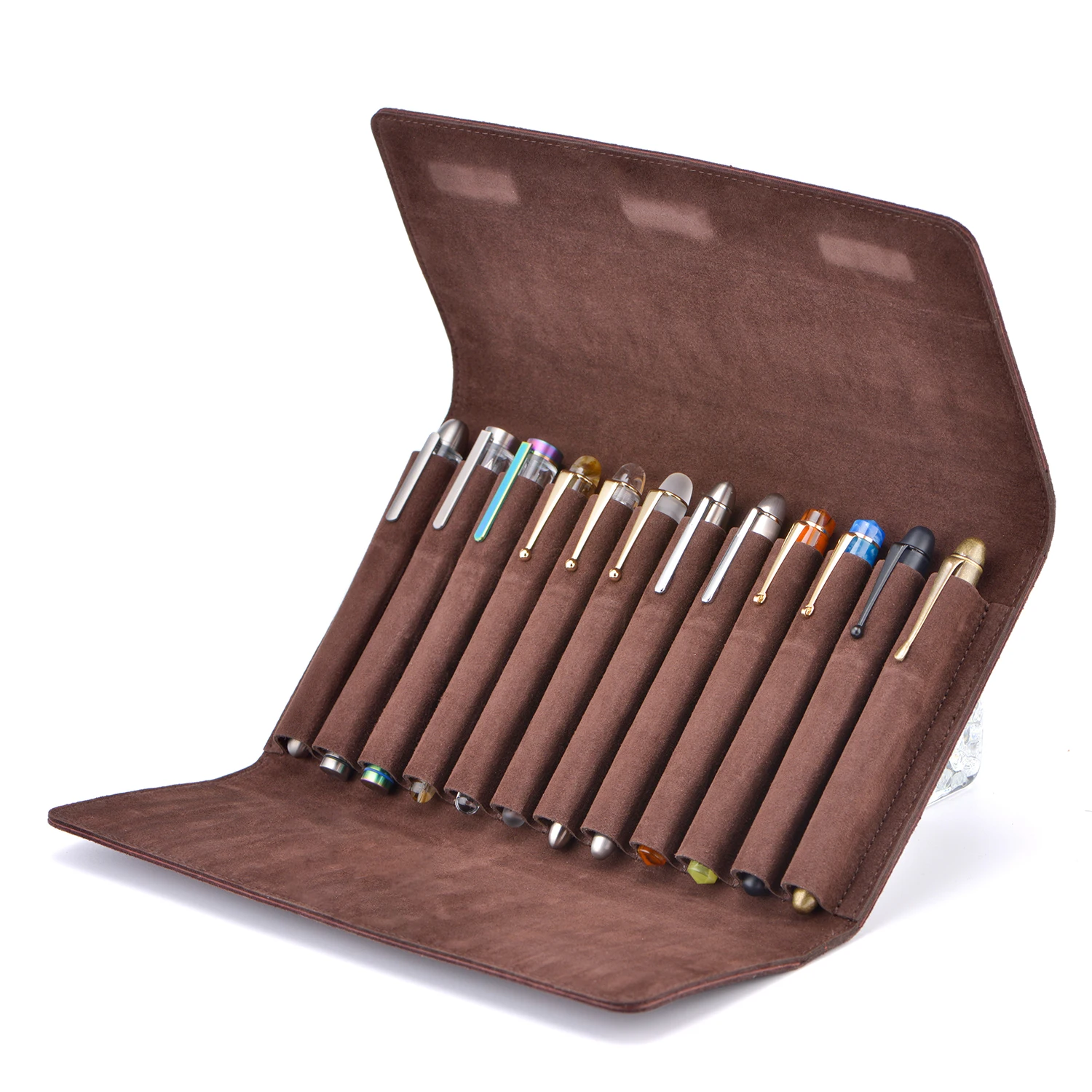 12 Slots Suede Leather Fountain Pen Case Display Holder with Divider Slot, Coffee