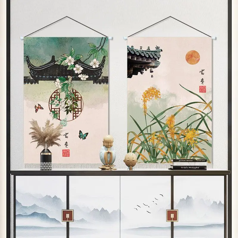 VIKAMA New Chinese Landscape Scroll Tapestry Oriental Willow Scenery Wall Art Bedroom Home Decor