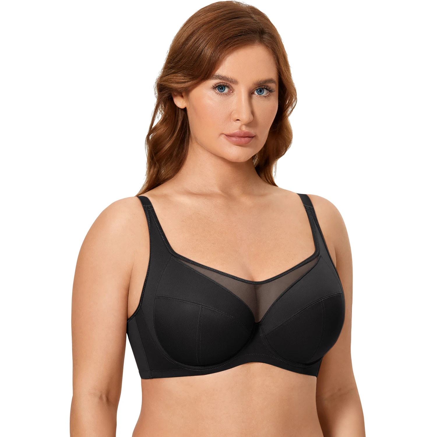 Damen-Push-up-BH mit vollständiger Abdeckung, Übergröße, durchsichtige Mesh-Spitze, ungefüttert, Bügel-Stütz-BHs für Damen-Dessous