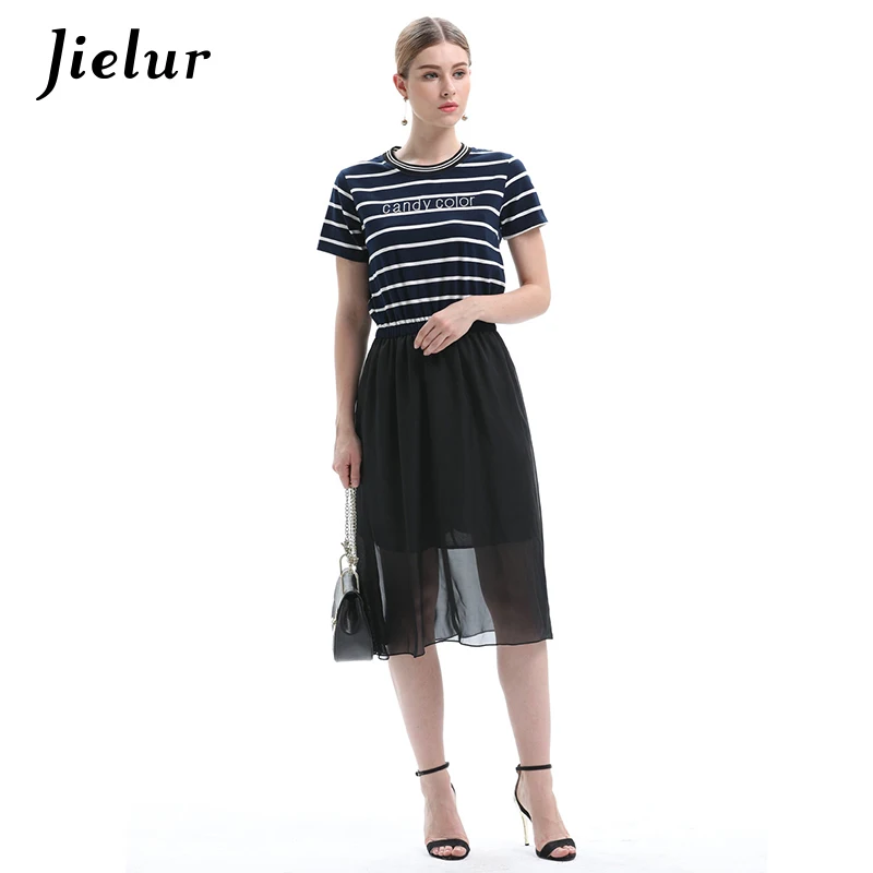 Summer Short-sleeved False Two Pieces Women's Dresses Loose Patchwork Striped Slim Dress Mesh Casual Female Vestido S-XXL