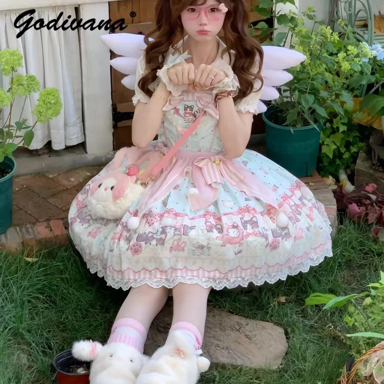 الأصلي الجديد الربيع والصيف لطيف القط الكرتون لوليتا فستان فتاة المرأة سليم Jsk وقصيرة الأكمام فساتين OP #5