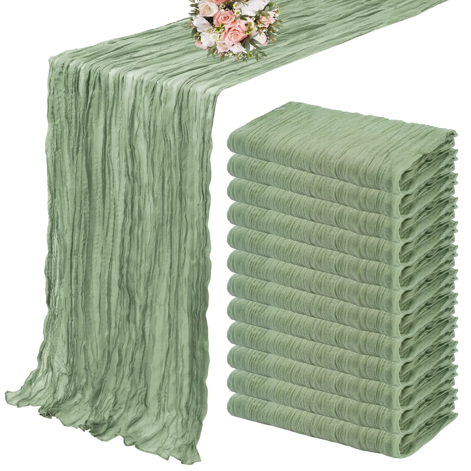 10PCS Set Semi-Sheer Gauze Wedding Table Runner Sage Green Cheesecloth Table Dining Party Christmas Banquets Arches Cake Decor