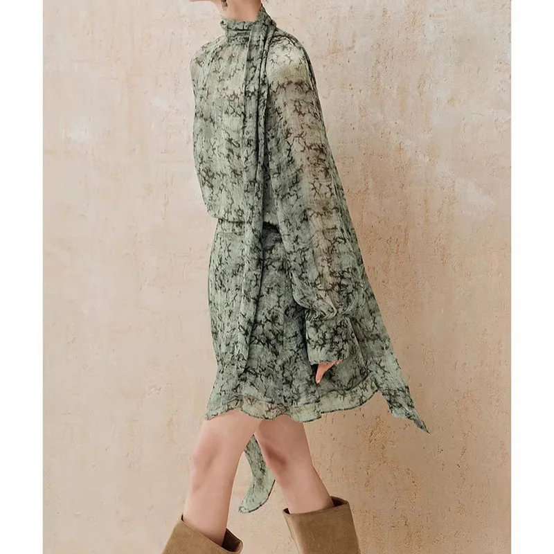 

Coldy Chinese Style, Watercolor Smudge Printed Top+Irregular Skirt Set for Women