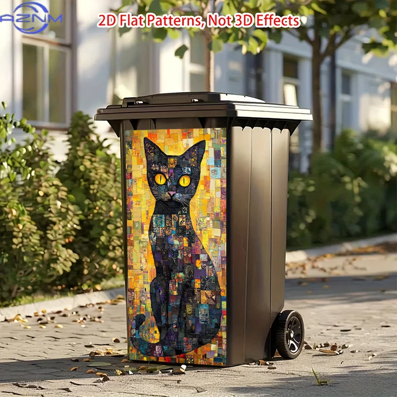 Colorful Black Cat Trash Can Sticker | Self-Adhesive, Mosaic Style, Abstract Design, High-Glossy Polyvinyl, Suitable For Bedro