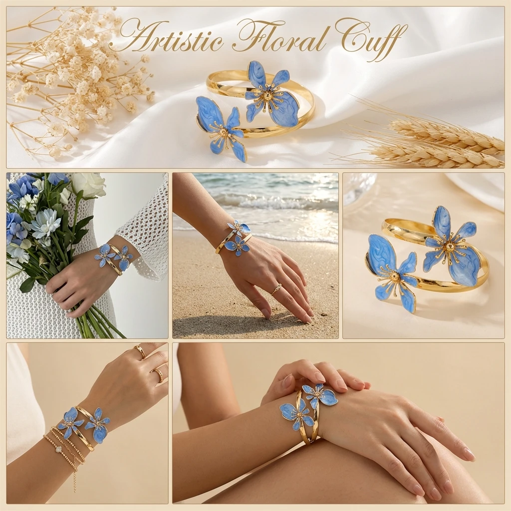 Elegant Enamel Flower Open Cuff Bracelet For Women Gold Plated Metal Pink White Blue Floral Bangles Beach Party Vacation Jewelry image 5
