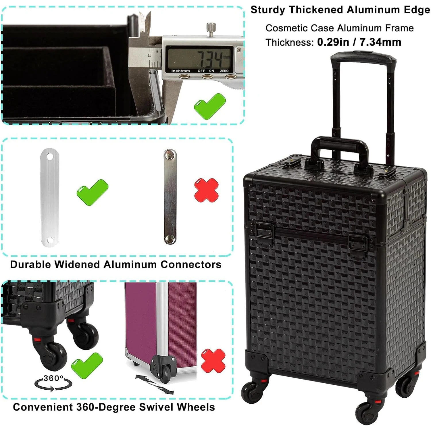 حقيبة عربة المكياج المتداول الأمتعة ماكياج الأدوات تخزين حقيبة التجميل حقيبة قطار السفر على عجلة مسمار الوشم صندوق عربة #5