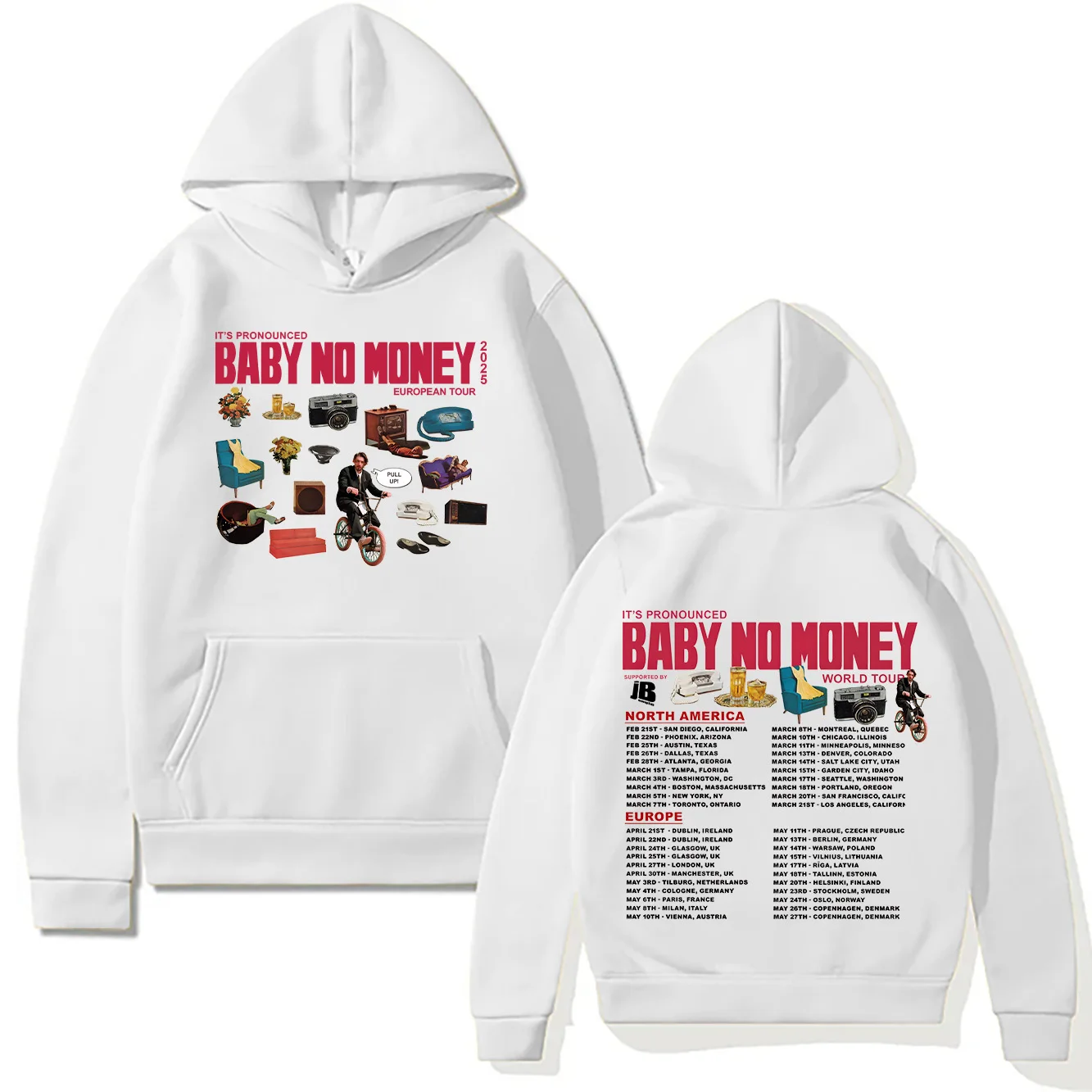 Bbno $ Neue Hoodies „It's Pronounced Baby No Money“ Europäische Tour 2025, Sweatshirt für Männer und Frauen, Pullover, Harajuku, kreative Herbstkleidung