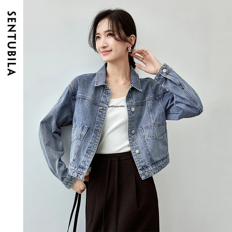 

SENTUBILA 100% Cotton Denim Coat for Women 2024 Fall Winter Casual Turn Down Collar Jackets Washed Cropped Jean Coat W43W56616