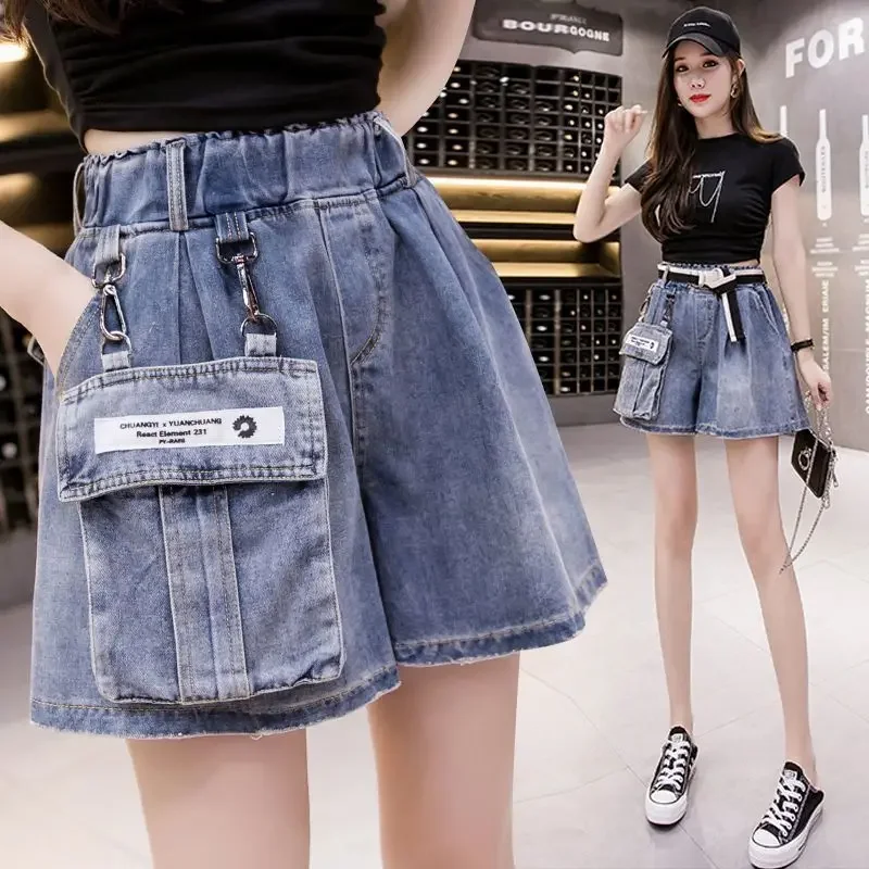 Women's Elastic Waist Workwear Denim Shorts, Casual, Detachable Pockets for Wearing, Wide Leg Pants, Outside, Summer, New