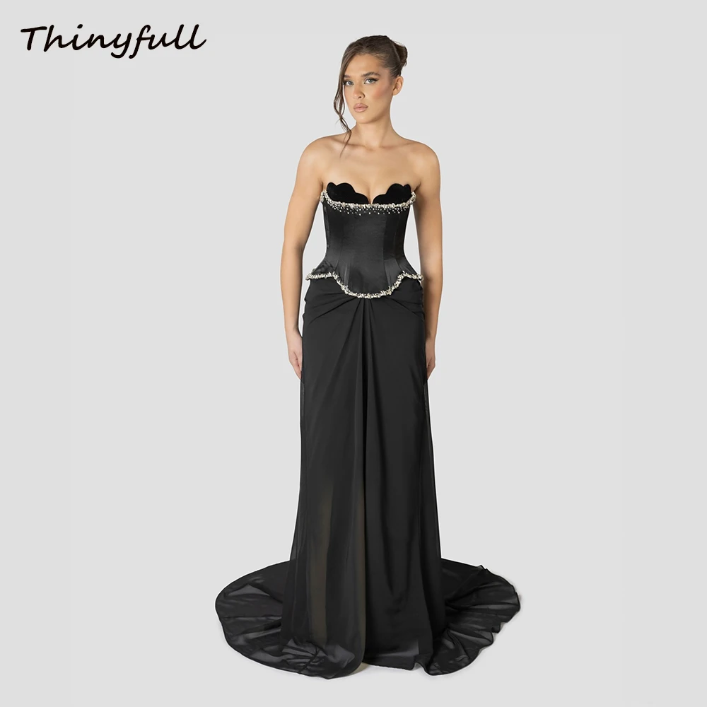 

Thinyfull Chiffon Mermaid Prom Dresses Sleeveless Sweetheart Evening Dress Crystal Long Dubai Gown robes de soirée Customized