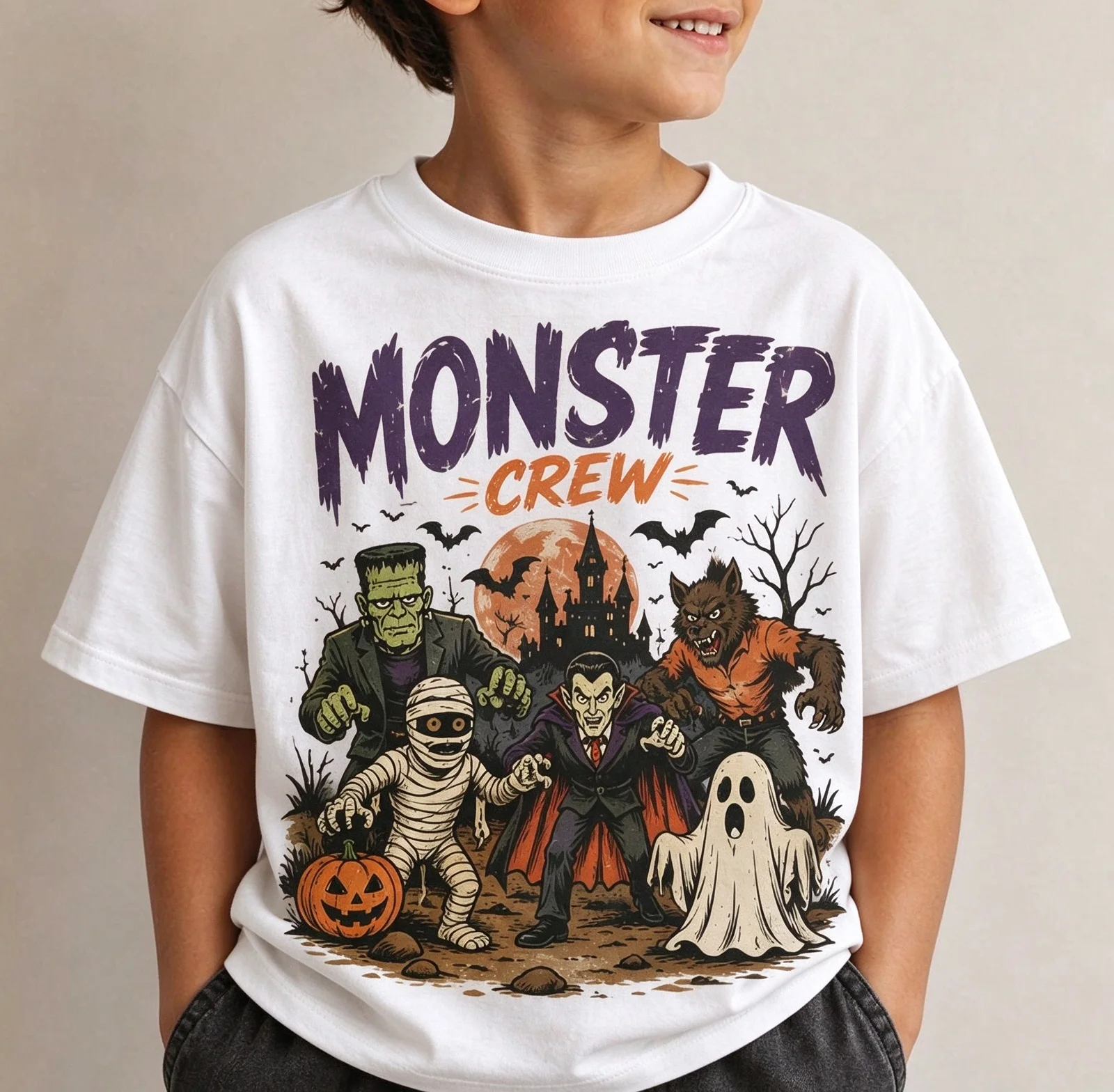 2026 New Family Matching Oversized T Shirt Unisex Streetwear Monster Crew Retro Halloween Character Print Short Sleeve Tee