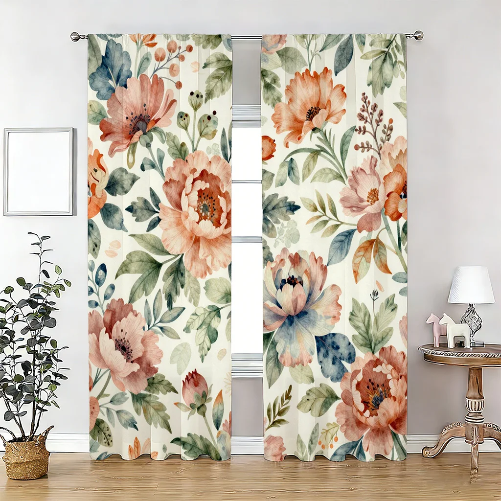 Elegant Botanical Floral Watercolor Curtains Pair for Living Room Window Decor Cottagecore Design Curtain Panels