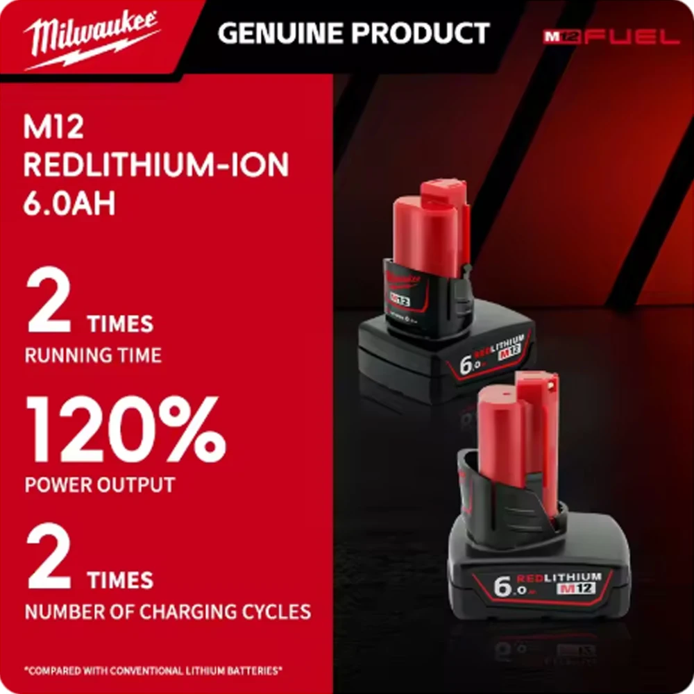 

For Milwaukee M12 Battery 12V 6.0Ah Rechargeable Battery with Light For Milwaukee M12 Tools 48-11-2402 48-11-2401 48-11-2411