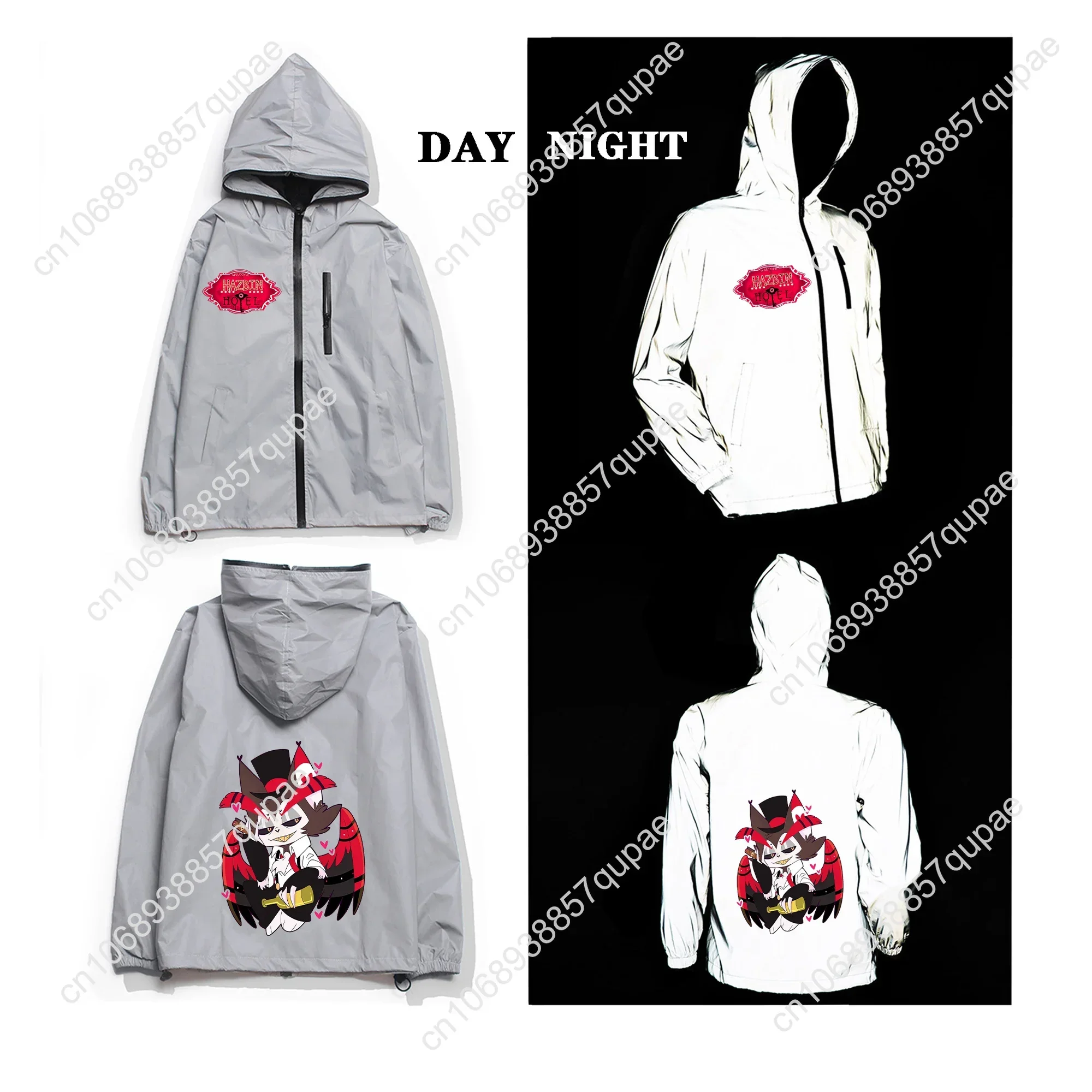 H-Hazbin Hotel Reflective Jacket Anime Mens Womens Coat Hooded Windbreaker Pocket Jackets Cycling Hiking Zipper Custom Hoodie