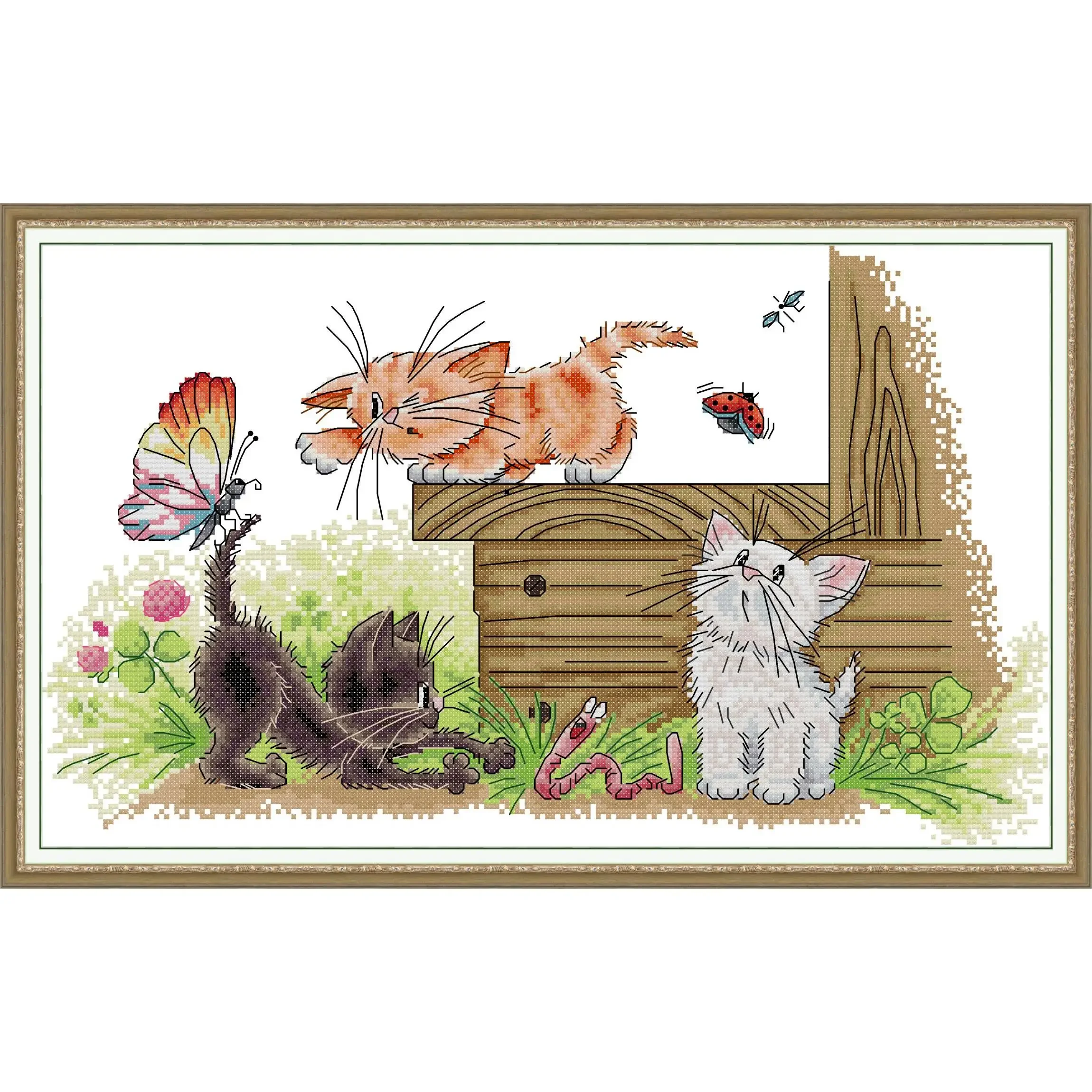 Joy Sunday Pre-printed Cross Stitch Kit  Easy Pattern Aida  Stamped Fabric Embroidery Set-Three Cats Flapping Butterflies