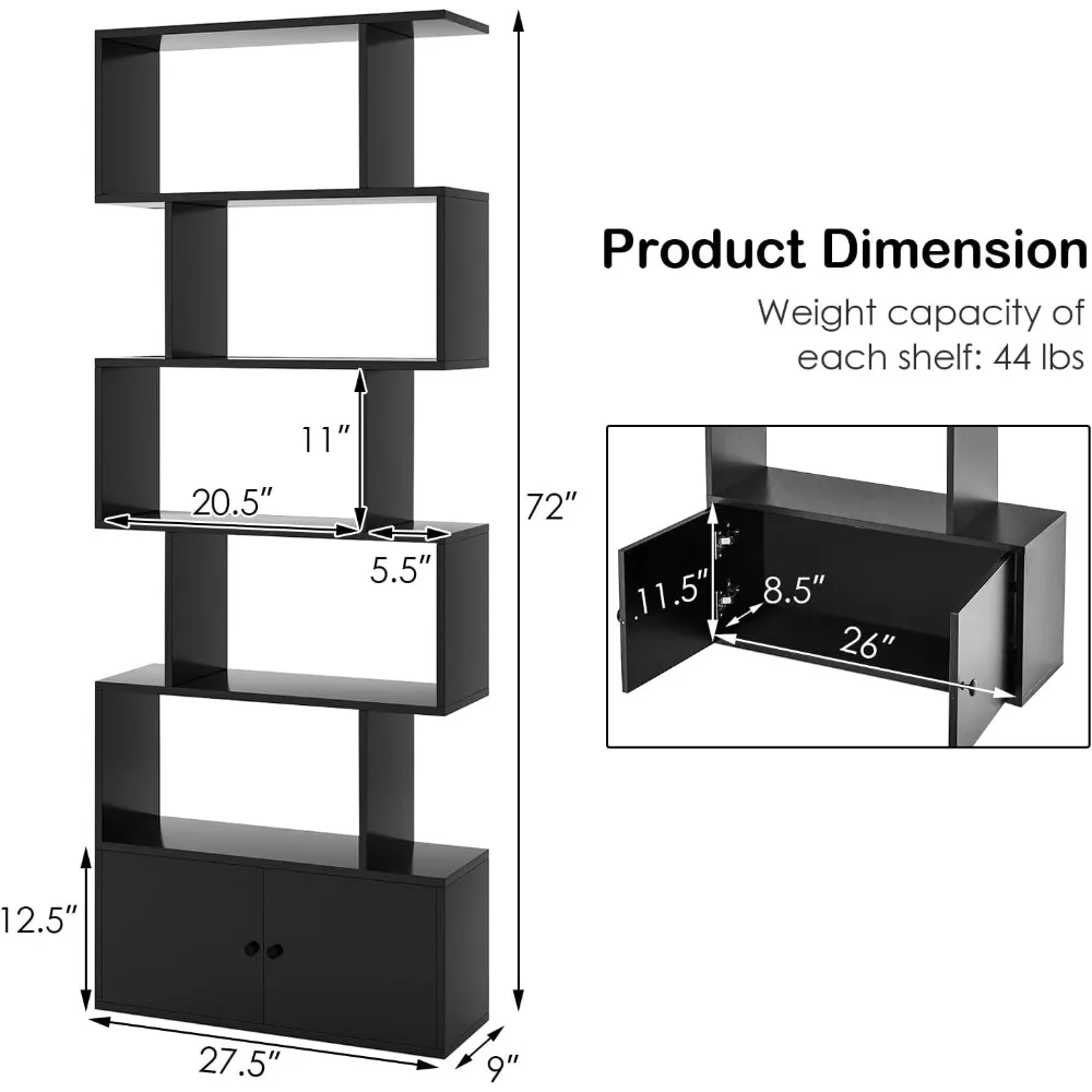 Book Shelves,6-Tier,72 Inch Freestanding Room Divider Bookshelf,with Doors And Shelves ,bookshelf