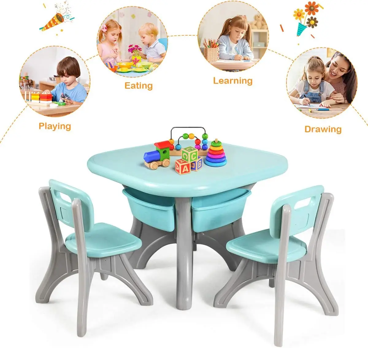 Kids Table & Chair Set, Plastic Activity Table with 2 Chairs & Storage, 3-Piece Toddler Furniture, Green