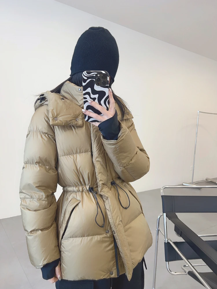 Winter New Down Jacket Female White Duck Down Thicken Warm Mid-length Hooded Puffer Jacket Stand Collar Drawstring Slim Coat