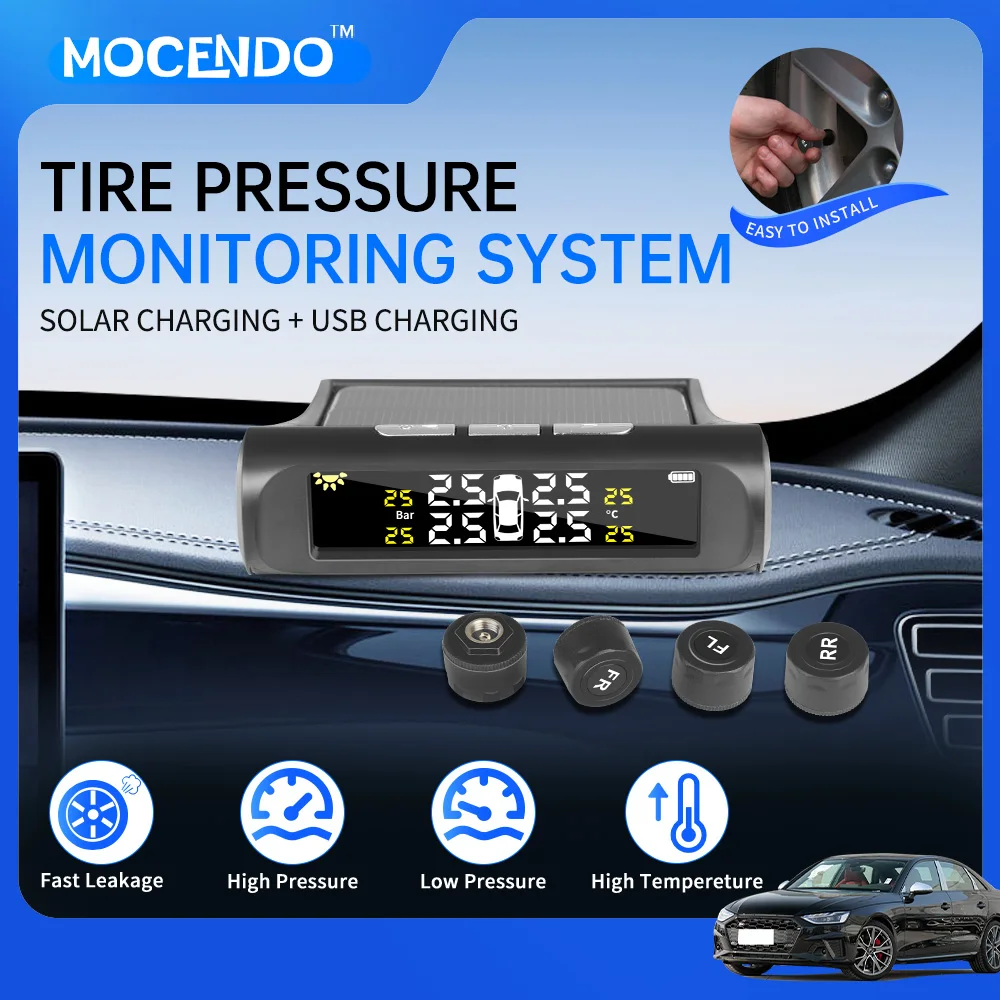 Car TPMS Tire Pressure Monitoring System with 4 Sensors Solar Charging LCD Display Temperature Safety Alarm