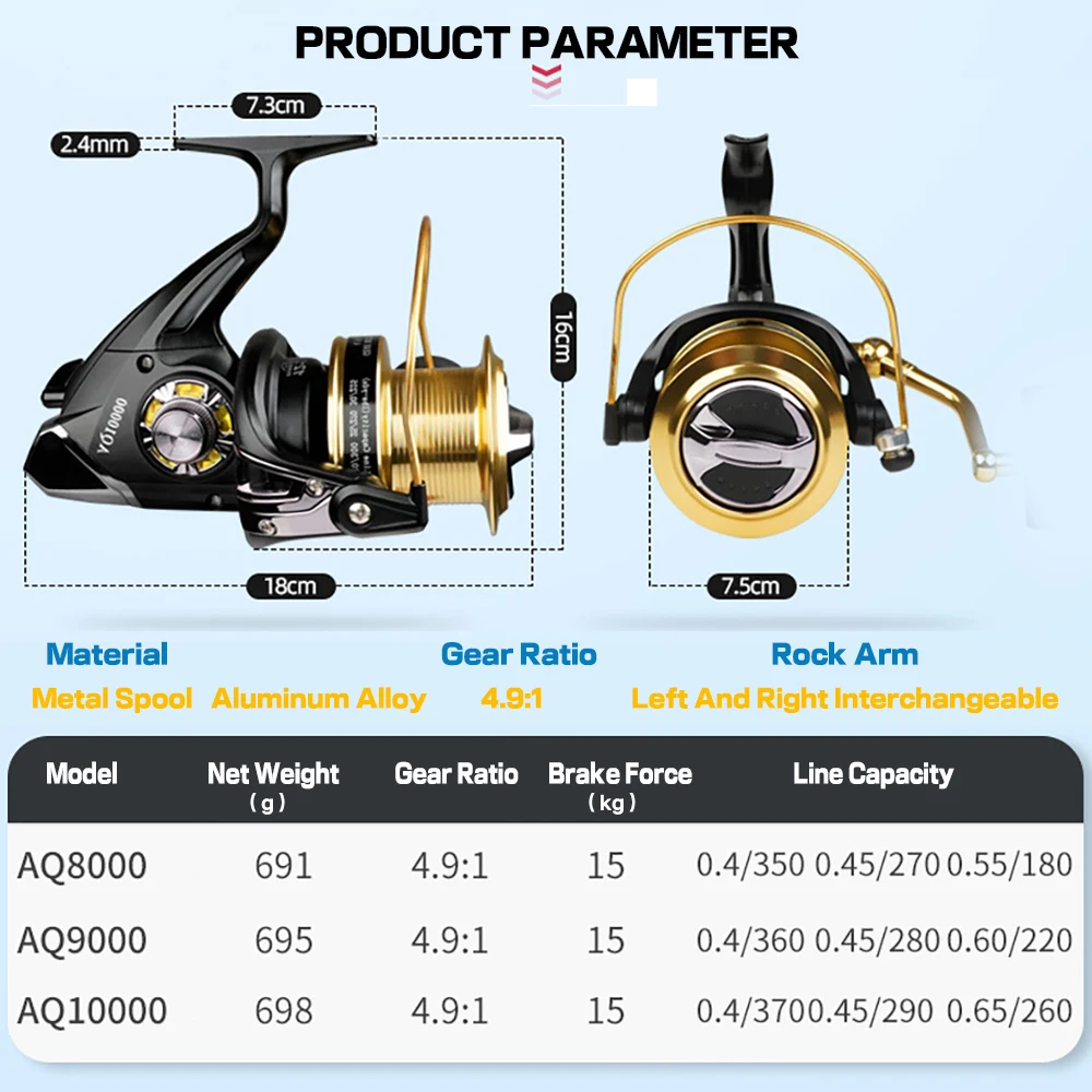 Imagem -05 - Longa Distância Spinning Fishing Reel Smooth Metal Spool Equipamento de Pesca Equipamento de Pesca Água Doce e Água Salgada Carpa 4.9:1 8000 9000 10000