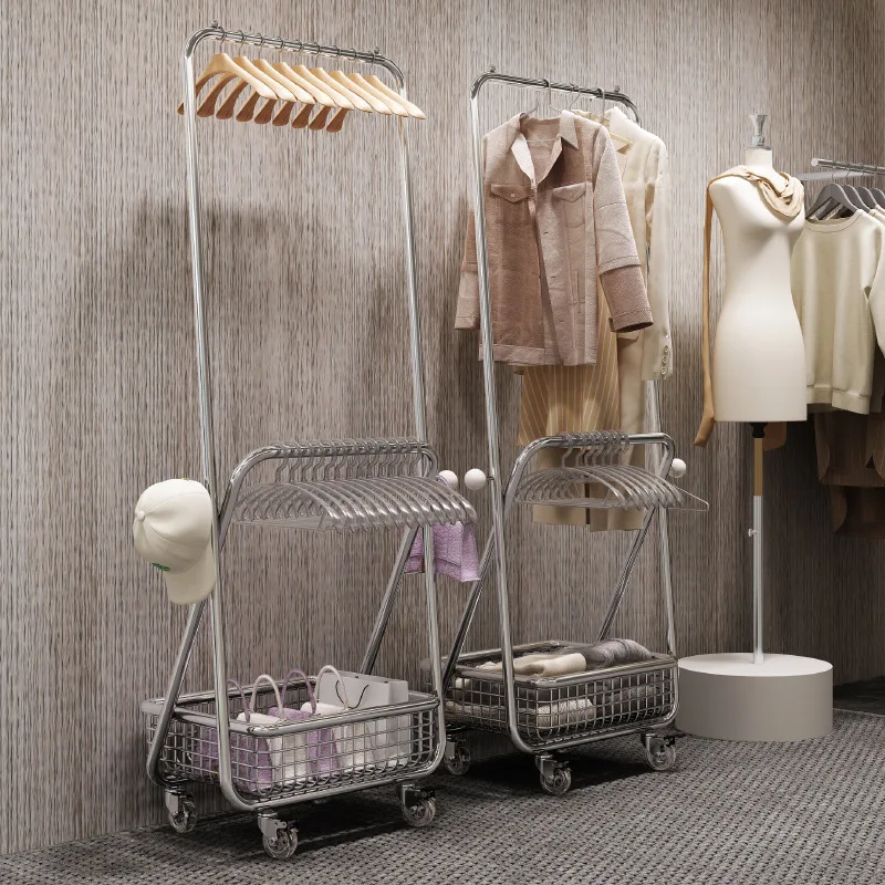 Clothing store display rack movable with wheel rack floor coat rack with basket live stream photo women's clothing hanger