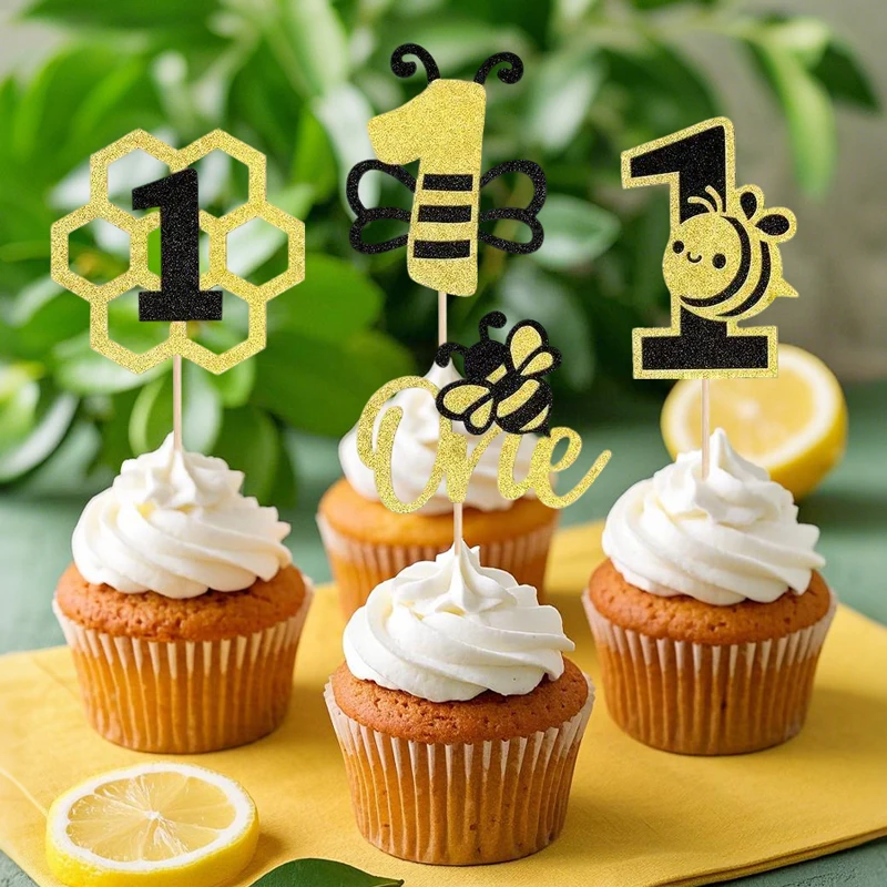 NUBECOM 24 Stück Biene-Thema-Kuchenaufsatz, glitzernde Cupcake-Aufsatz für den Weltbienen-Tag, Kuchendekoration, Baby-Dekoration zum ersten Geburtstag – Detail 8