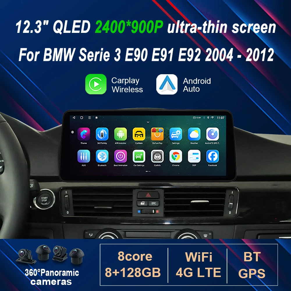 2400*900P 12.3' Ultra-Thin Android 16 for BMW Serie 3 E90 E91 E92 2004-2012 Car Radio Video Multimedia Player Wireless Carplay