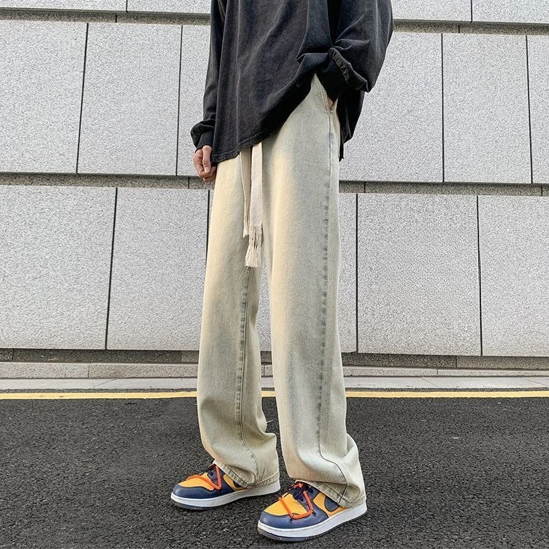 Mens 2026 Vibe Style Elastic Washed Yellow Denim Trousers American Retro Loose Straight Streetwear