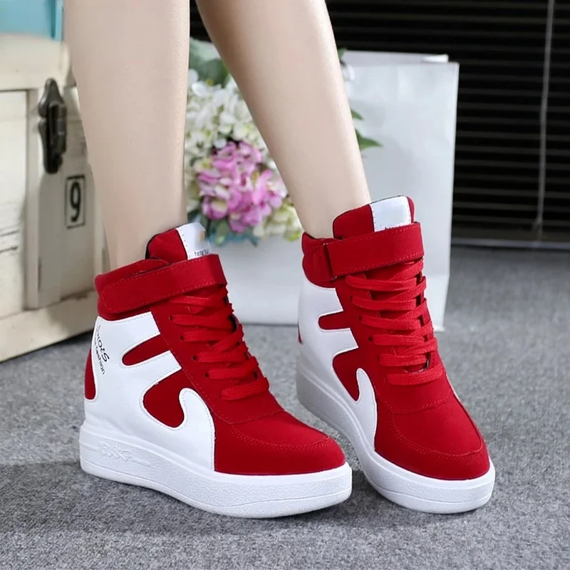 Red Sneakers Women 2024 New High Top Platform Casual Wedges Autumn Winter Female Black Internal Increase Vulcanize Shoes Lace-up