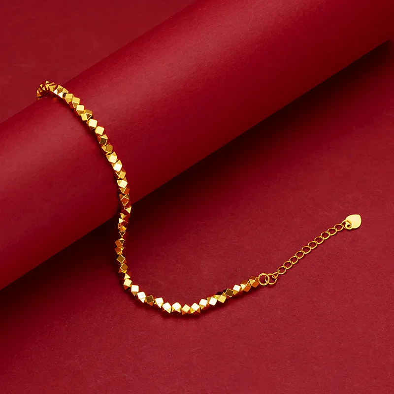Real 18K Gold Chain Bracelet for Women, Pure Adjustable, Trendy, Laser Beads, Fine Jewelry, Gift